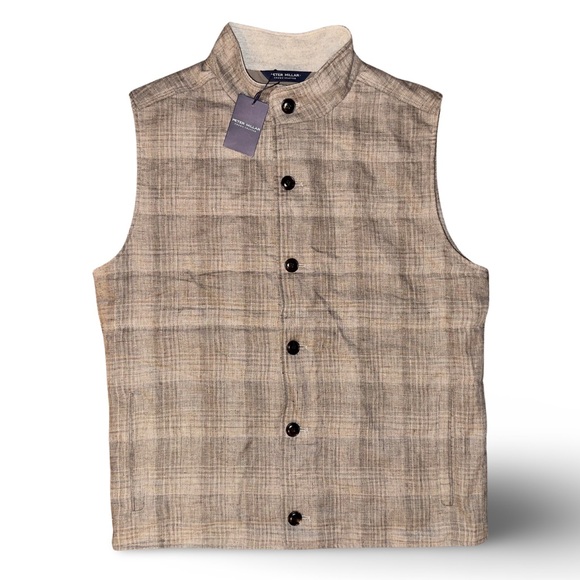 Peter Millar Crown Crafted Summer Journeyman Plaid Linen Wool Vest in Argil - Picture 8 of 15